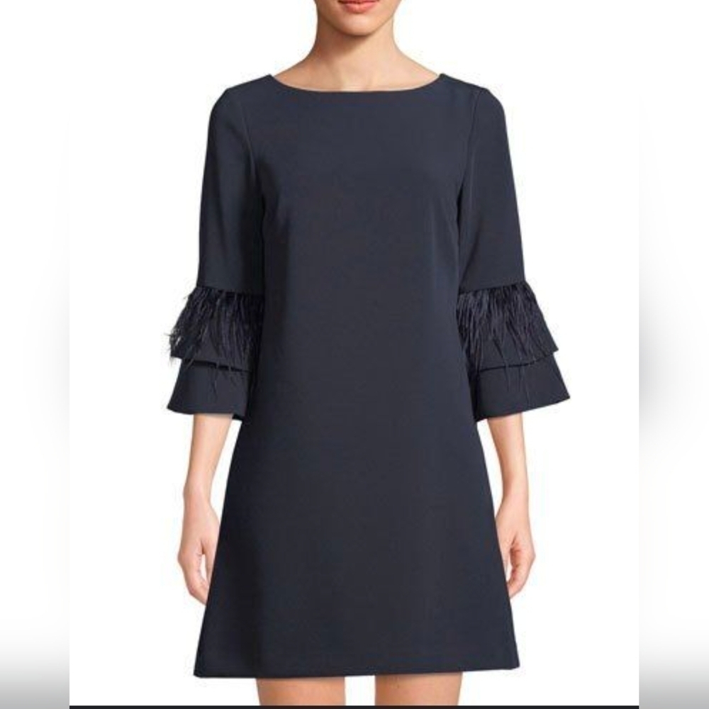 Tahari Navy Shift Dress 3/4 Feather Sleeves Size 10 Witchy Grunge Adams Family